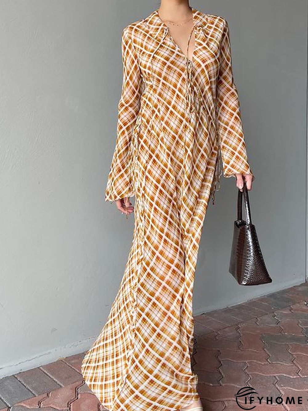 Elegant V Neck Lace-Up Dress | IFYHOME