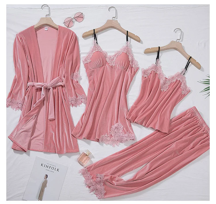 Burgundy Velour Pajama Suit Women 4PCS Kimono Robe Nightgown Set Sleepwear Lady Winter Velvet Warm Lace Folwer Bathrobe Gown