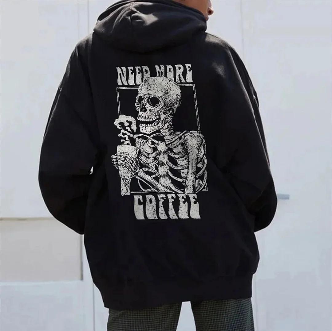 NEED MORE COFFEE Skull with Hot Drink Graphic  Black Print Hoodie