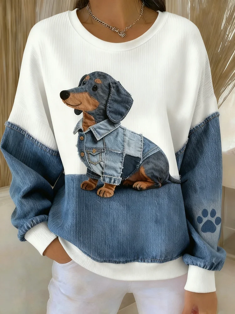 Retro Cute Dog Dachshund Denim Patchwork Fabric Printed Casual Loose Long Sleeve Sweatshirt