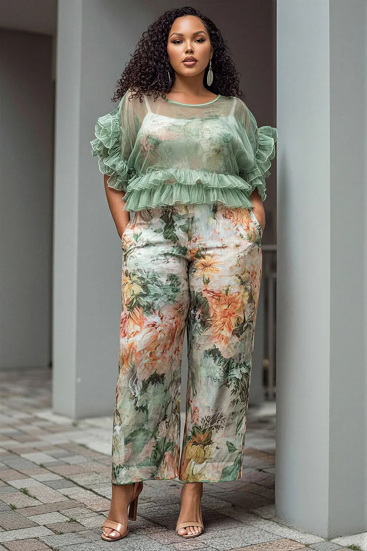 Xpluswear Design Plus Size Business Casual Satin Sage Green Floral Round Neck Short Sleeve Ruffle Pocket Chiffon Jumpsuits [Pre-Order] 2024 - Xpluswear