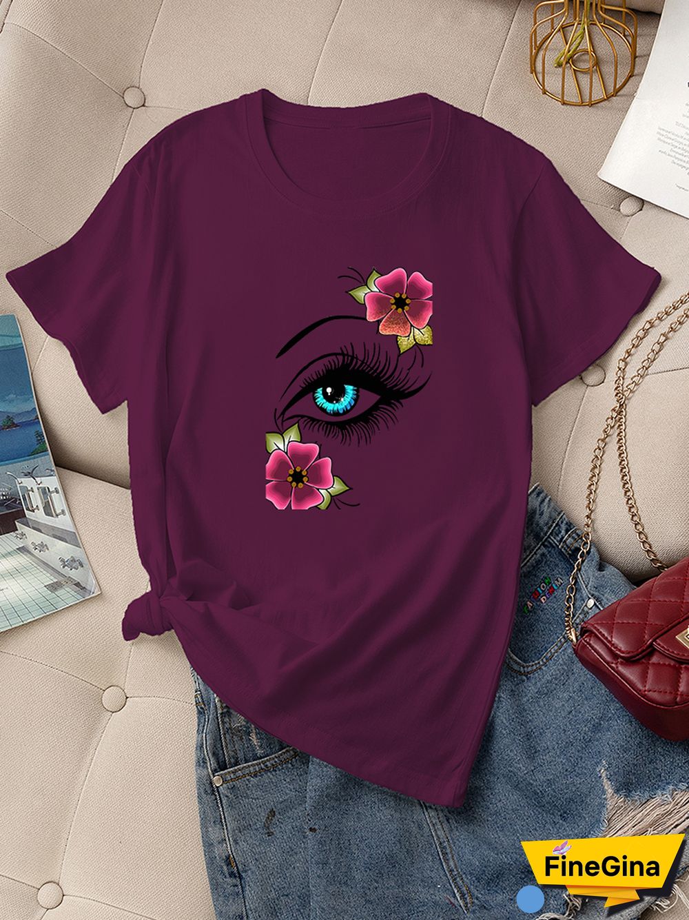 Casual Summer Daily T-shirt Women 100% Cotton Short Sleeve Rose Eye Print Female Graphic Fashion T Shirt Ladies O-Neck Tees Tops