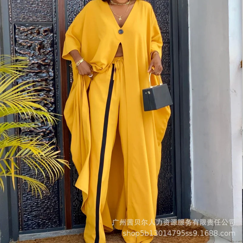 Ueong Women's Fashion Yellow V-Neck Loose Long-Sleeved Smock, Suit And Trousers
