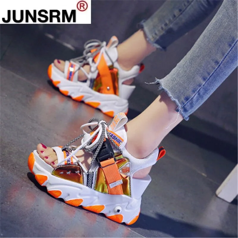 Women Chunky Platform Sandals Fashion Summer Mixed Colors 9cm Wedge Female Beach Shoes Sweet Campus Style Open Toe High Heels