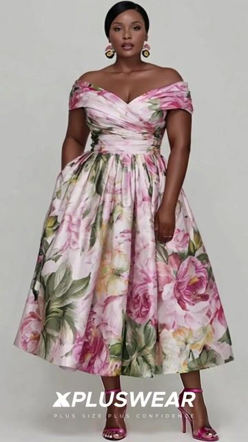 Xpluswear Design Plus Size Wedding Guest Pink Floral Off The Shoulder Cap Sleeve Pocket Fold Satin Midi Dresses 2024 - Xpluswear