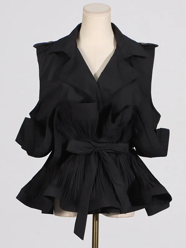 Loose Sleeveless Buttoned Pleated Ruffled Solid Color Tied Waist Notched Collar Blouses&Shirts Tops