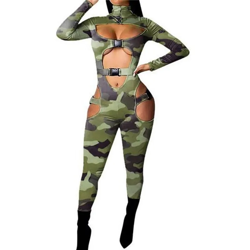 Sexy Women Bodycon Jumpsuit Solid Color Overalls Long Sleeves Rompers Bodysuits High Neck Hollow Out Buckle Biker Short Clubwear