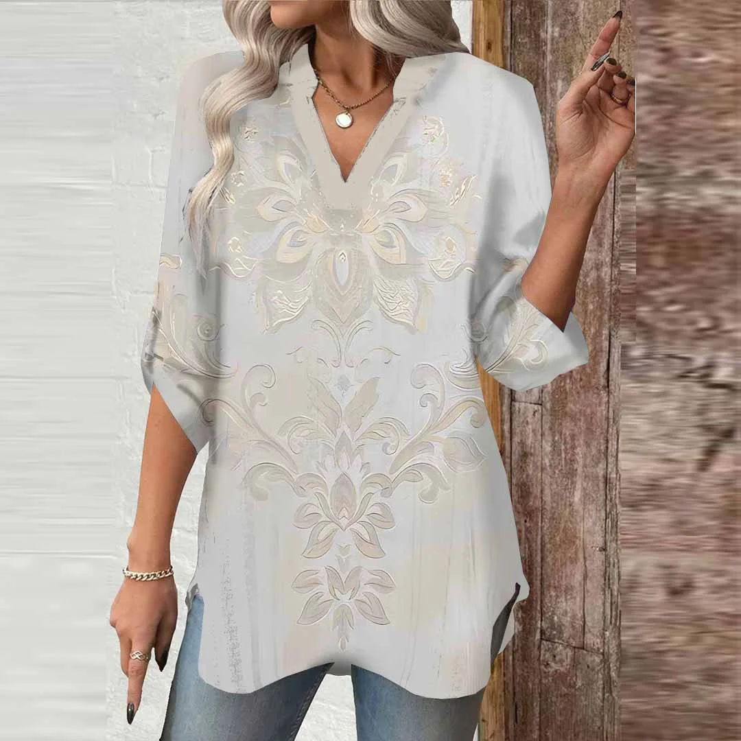 Women Floral, Off-White DZGA0451 3/4 Sleeve V-neck Printed Graphic Button Tops