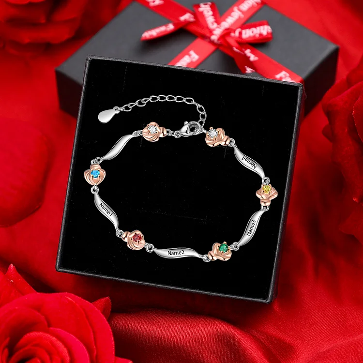 4 Names-Personalized Flower Bracelet With 4 Birthstones Custom Names Bracelet Set With Gift Box For Women