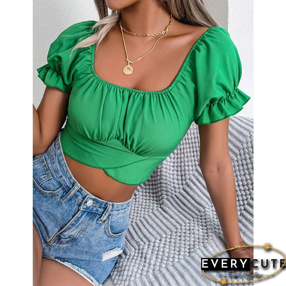 Green Back Lace-up Slim Waist Chiffon Crop Tops