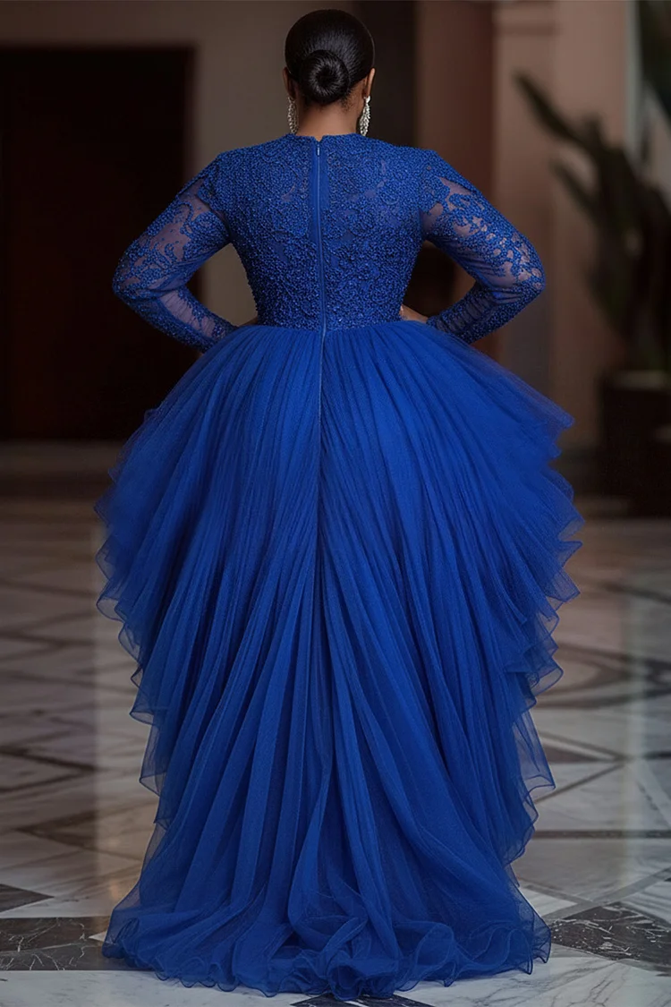 Xpluswear Design Plus Size Formal Tulle Royal Blue Round Neck Long Sleeve High Low Hem Elegant See Through Lace Maxi Dresses [Pre-Order]