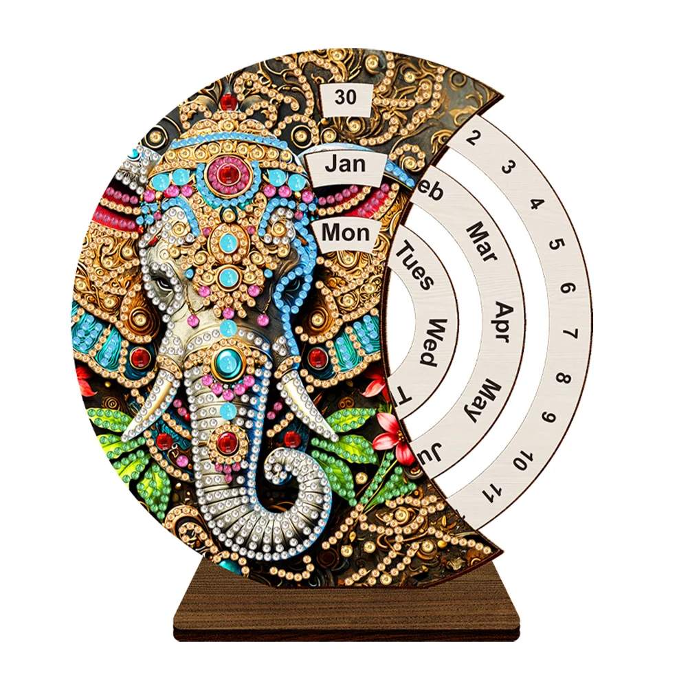 DIY Elephant Wooden Special Shaped Diamond Painting Moon Perpetual Calendar