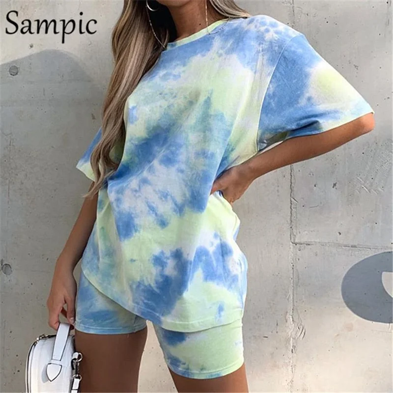 Sampic Women Loose Summer Sets O Neck Tie Dye Short Sleeve Top Shirt And Biker Bodycon Shorts Outfits Casual Two Piece Set 2020