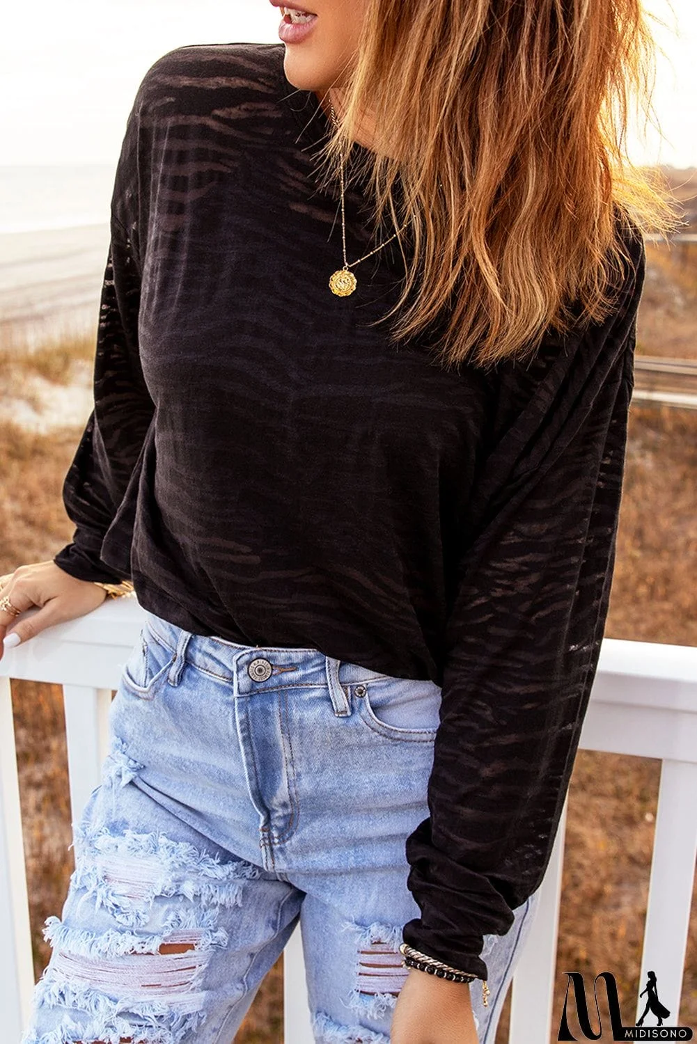 MidiSono - Zebra Print Drop Shoulder Long Sleeve Top