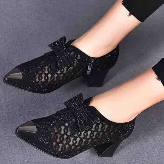 Rhinestone Hollow Chunky Heel Shoes