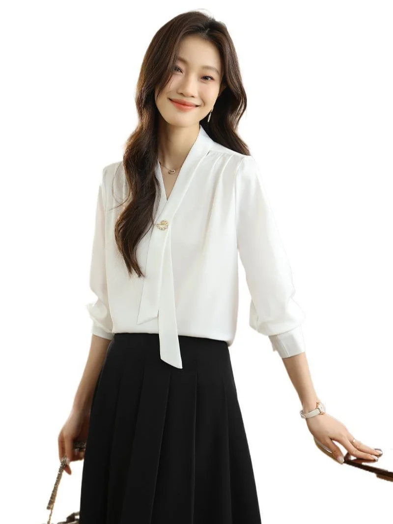 Athvotar Athvotar 2025 New Denatry White Shirt Lady Long Sleeve Spring Commuting Professional Shirt Temperament Ribbon
