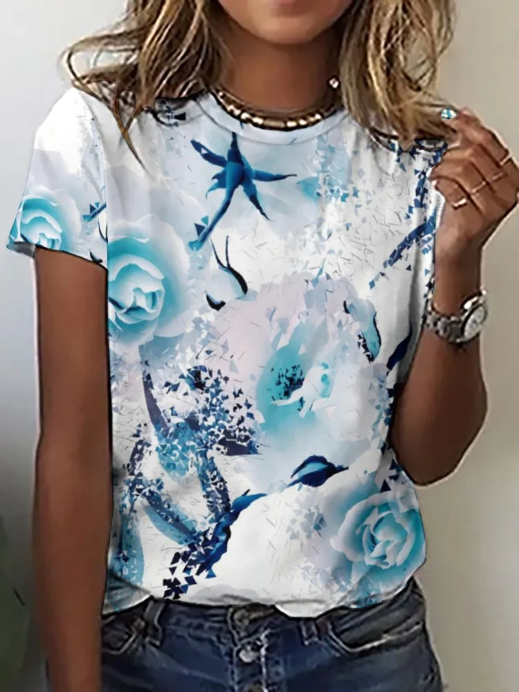 Printed Short Sleeve Casual T-shirt for  Women and Men Unisex Pattern Floral, Blue, Glitter
