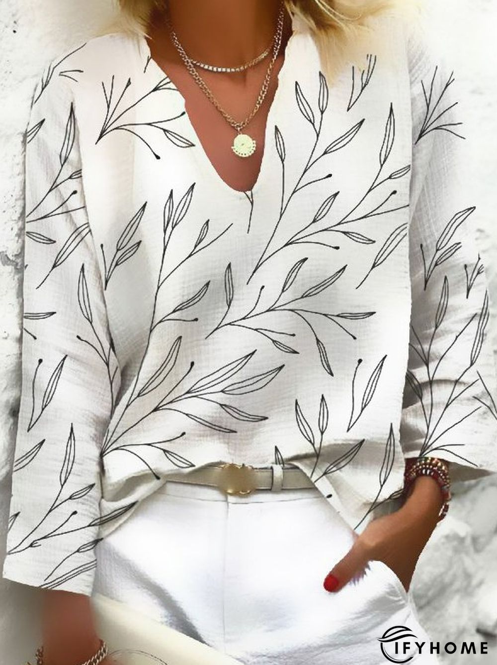 V-neck Cotton And Linen Leaf Print Blouse | IFYHOME