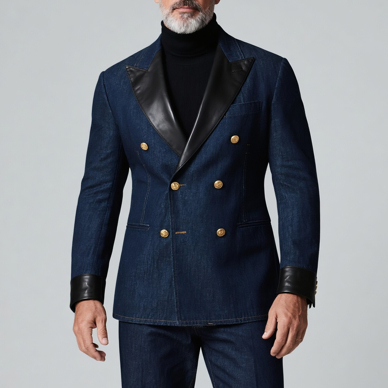 Men's PU Leather Trim Peaked Lapel Double Breasted Long Sleeve Denim Blazer