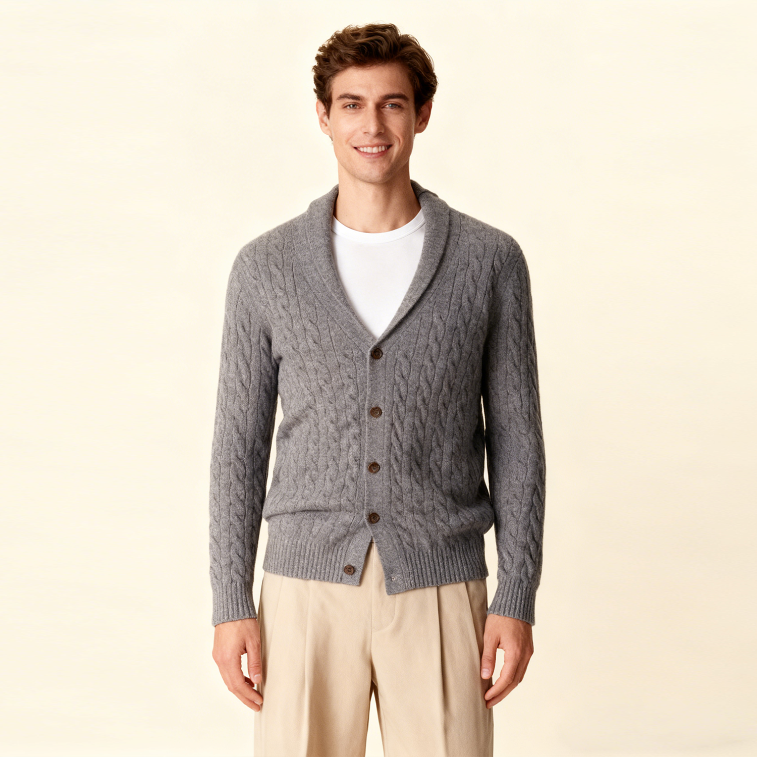 Men's Cable Knit Cashmere Cardigan  REAL SILK LIFE