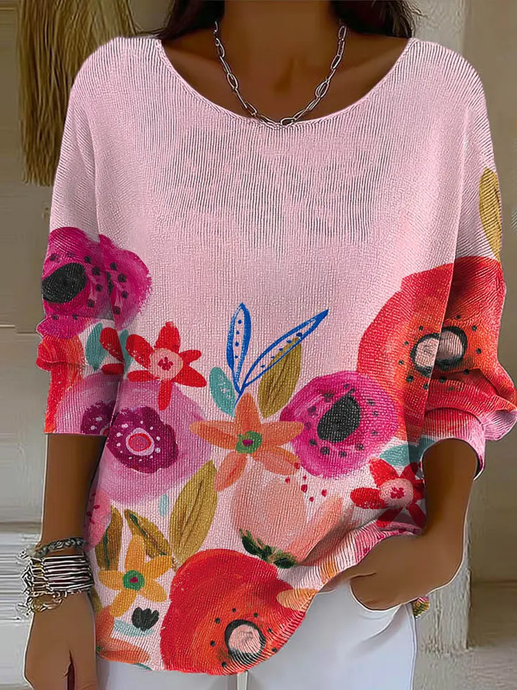 Women's Floral Art Print Casual Pullover Sweater
