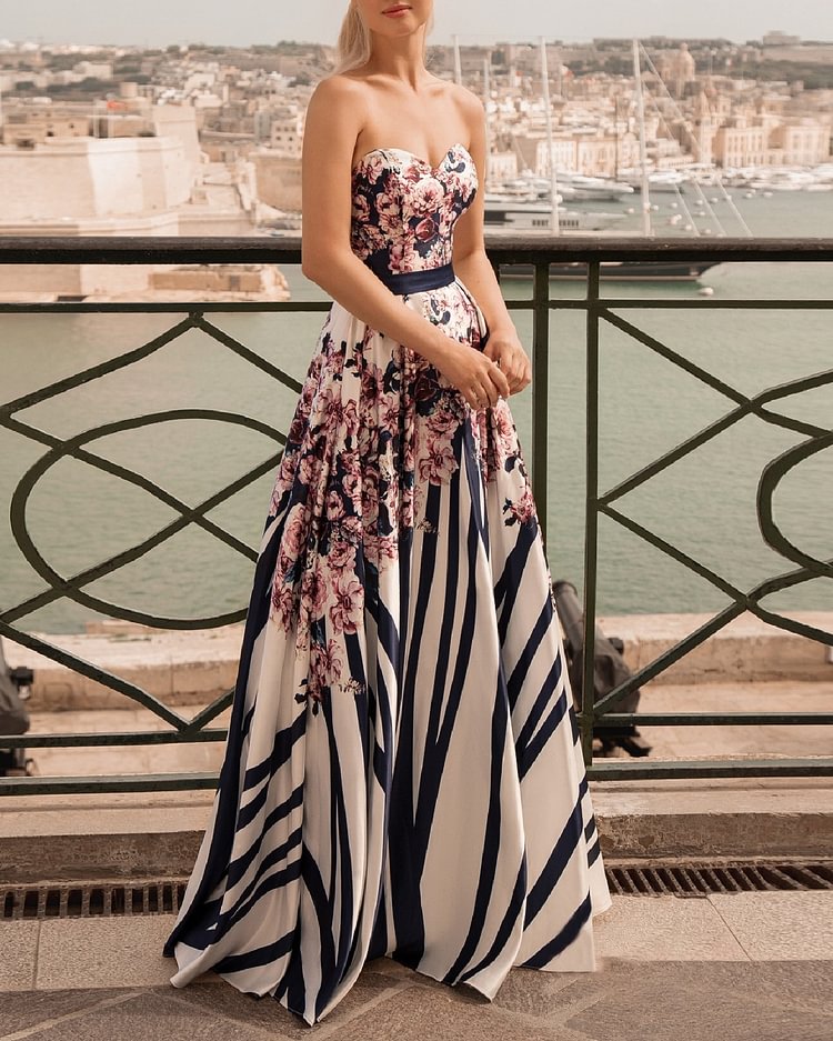 Elegant Floral Stripe Print A-Line Strapless Dress