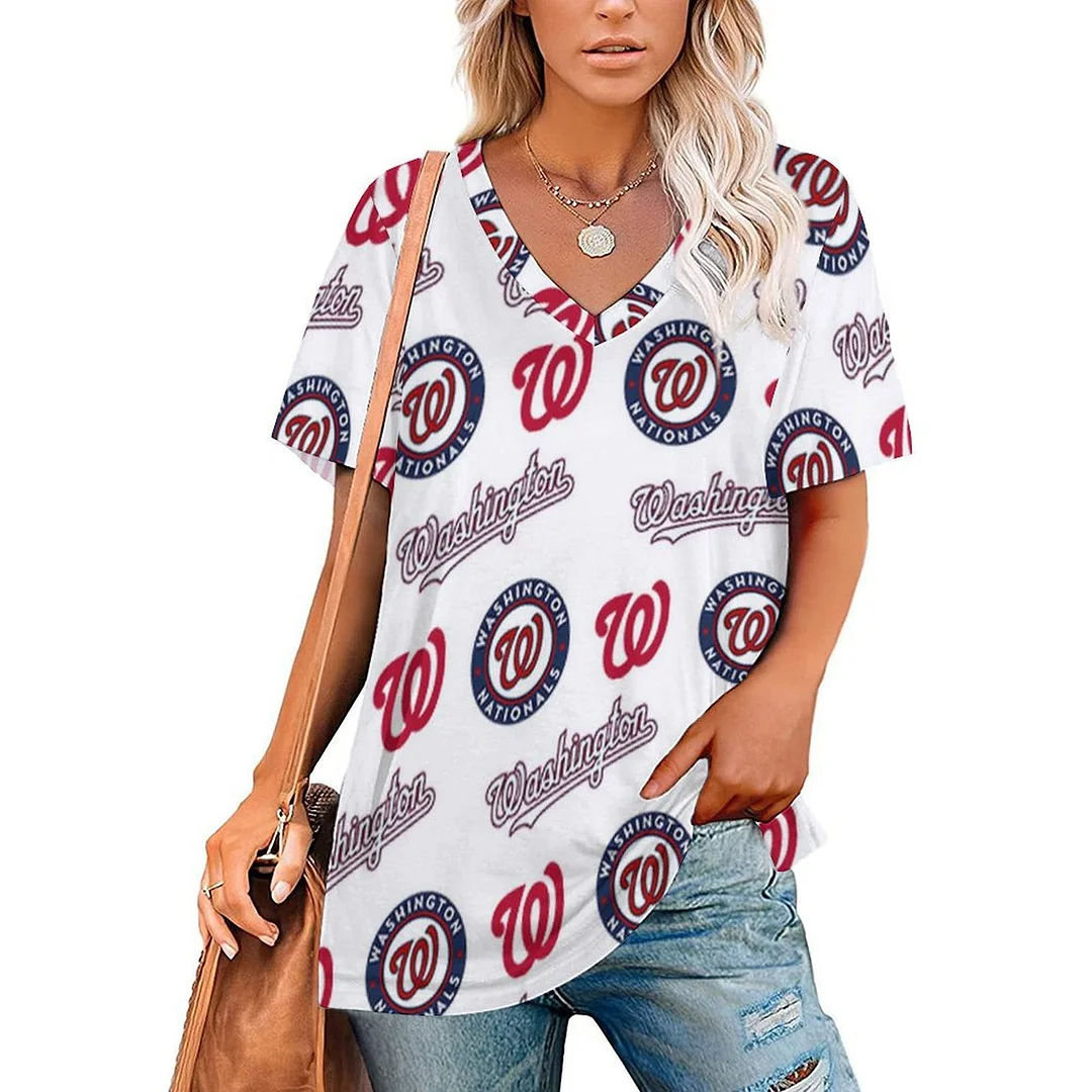 V-neck Short Sleeve Casual T-shirt for  Women Printed with Pattern , Blue, Red