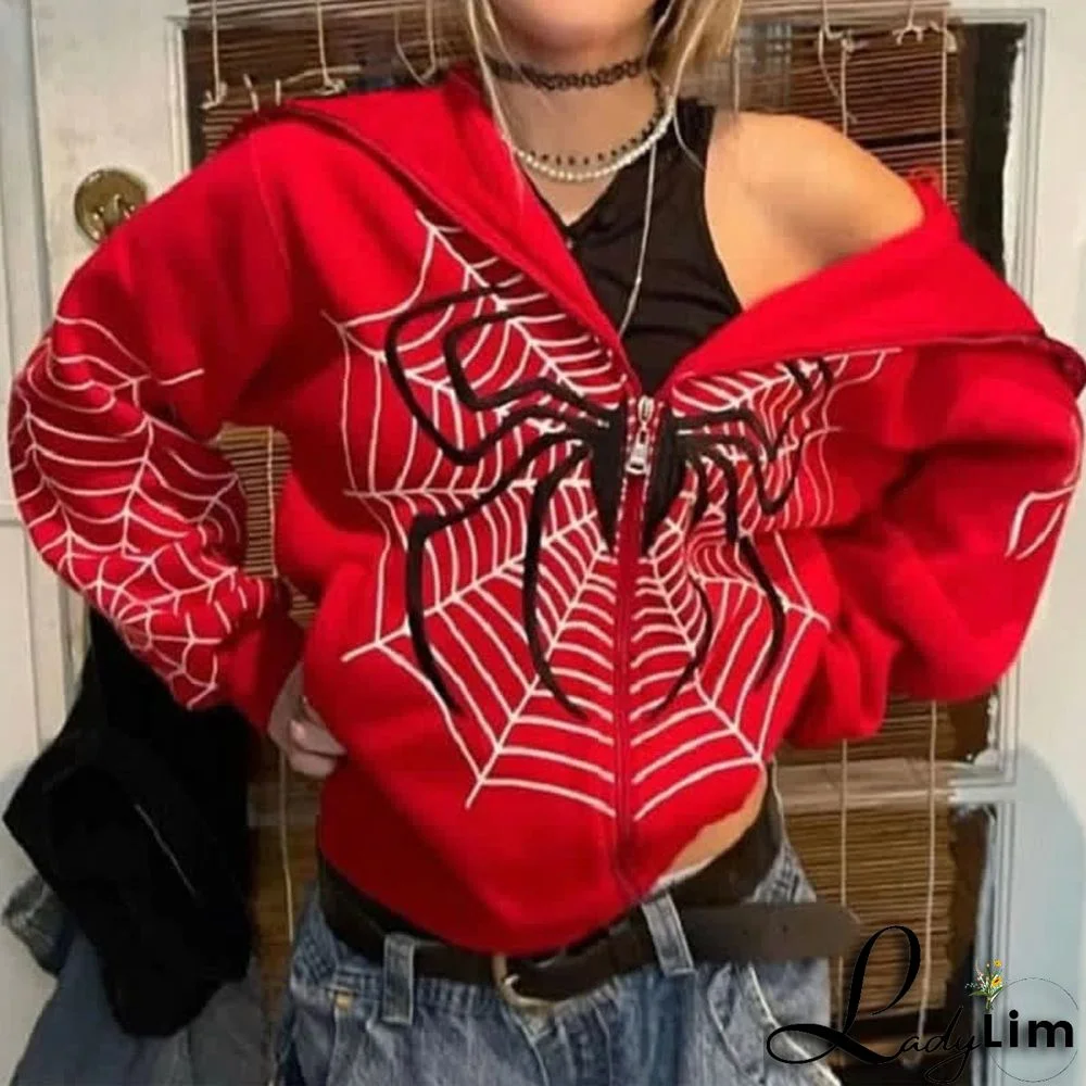 Dark Spider Web Print Full Zip Hooded Sweatshirt