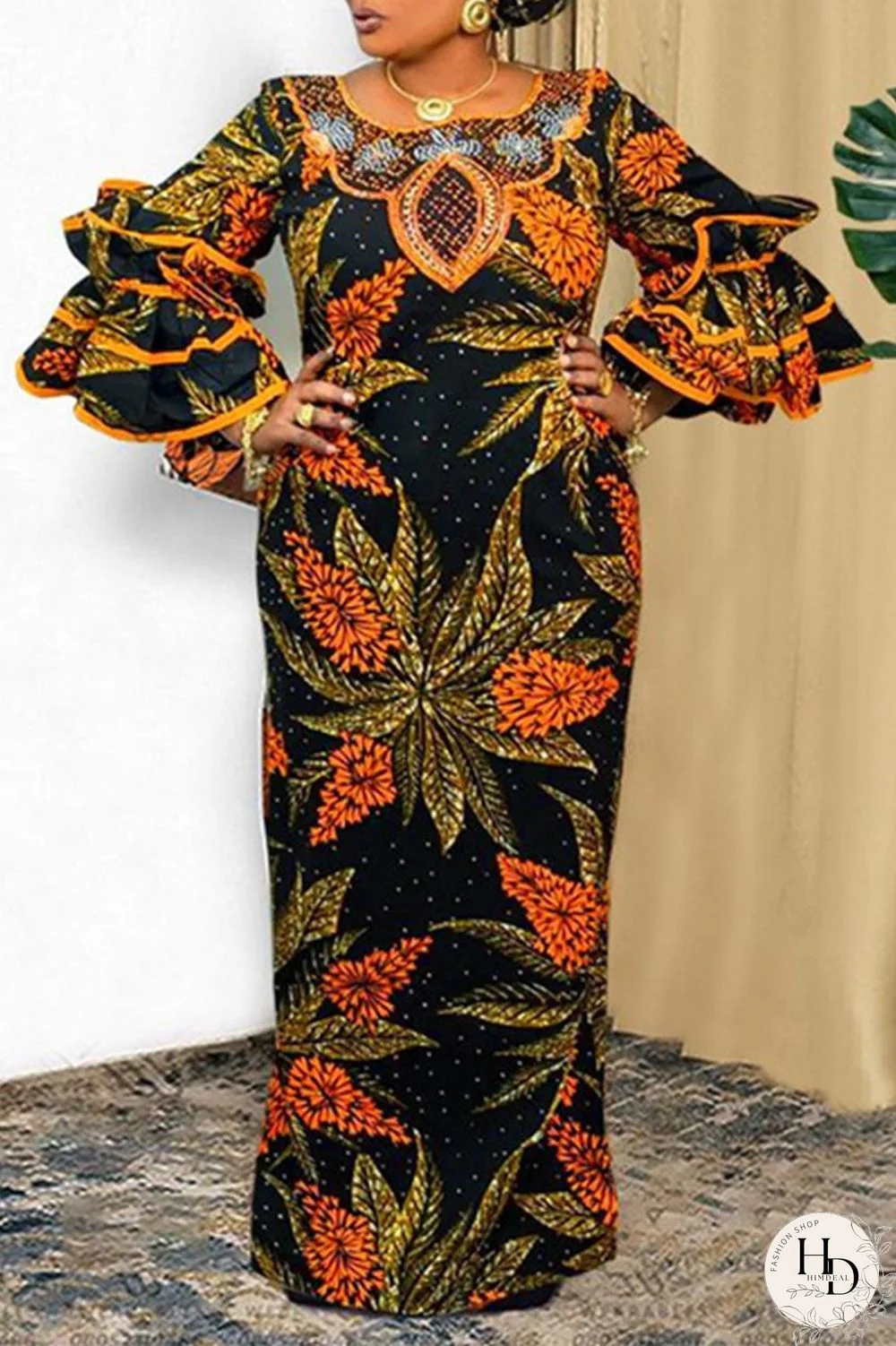 Orange Casual Print Printing Stringy Selvedge O Neck Printed Dress Plus Size Dresses