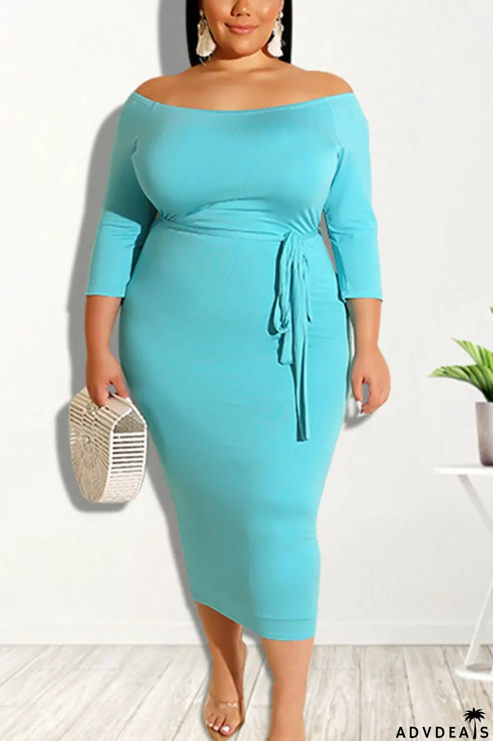 Black Casual Solid Bandage Split Joint Off the Shoulder One Step Skirt Plus Size Dresses