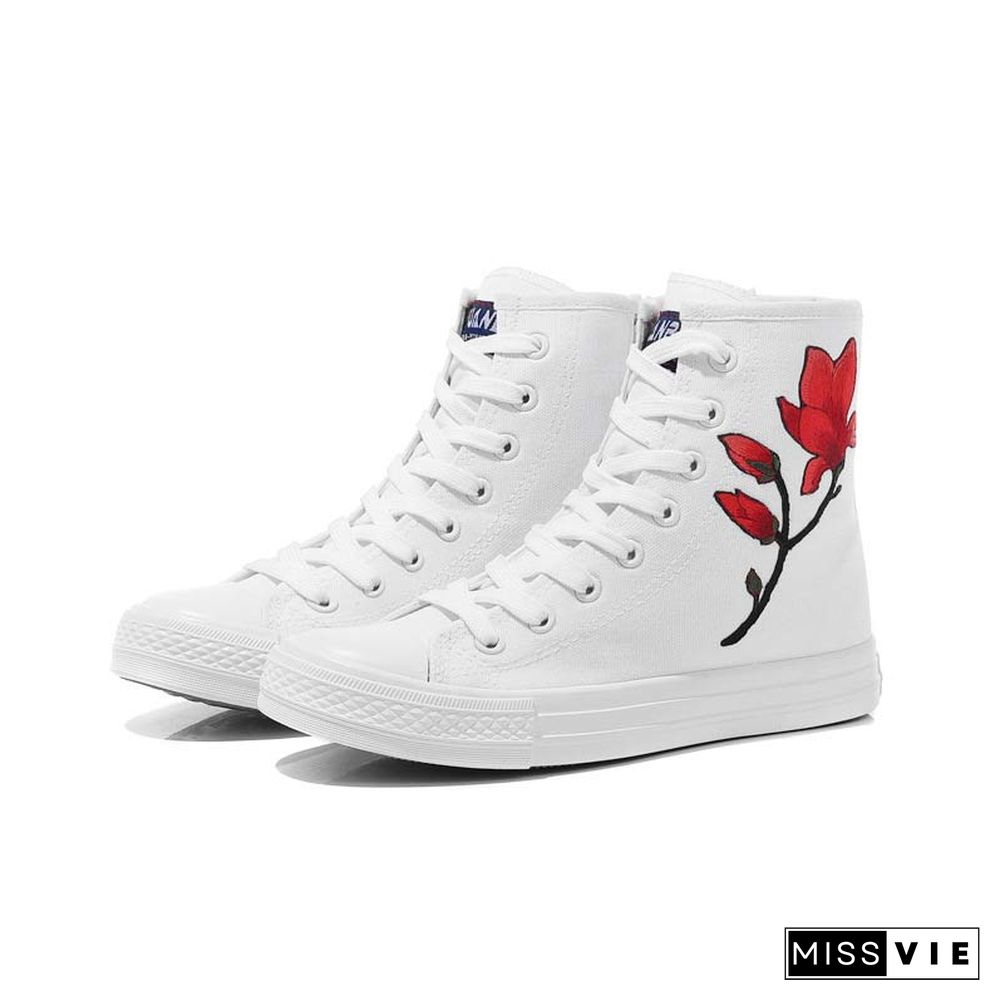 Vintage Blossom Embroidery Lace Up Zipper Canvas Shoes