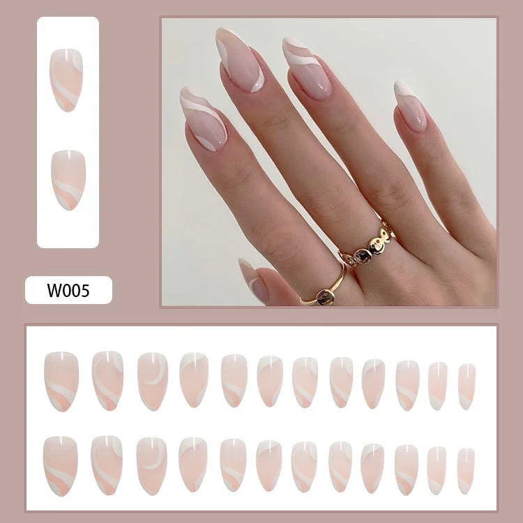 24Pcs/Set French Contracted Artistic Line Drip Shaped Short Wearable False Nails With Glue Manicure Art Tools Fake Nails-Nail Inspo