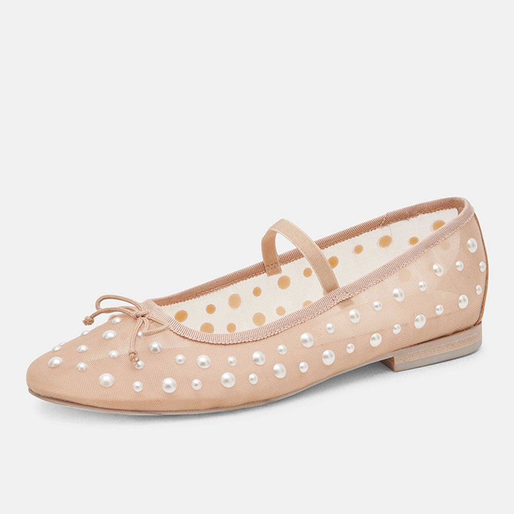 Beige Mesh Round Toe Flat Pearl Sophisticated Embellished Ballet Shoes Nicepairs