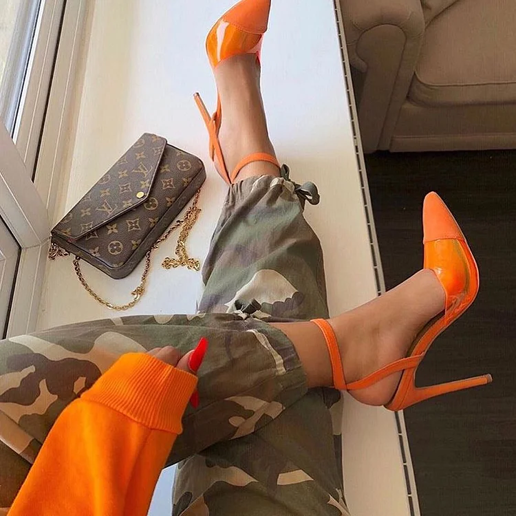 Orange Vegan Suede Ankle Strap Heels PVC Patchwork Pointed Toe Pumps |FSJ Shoes