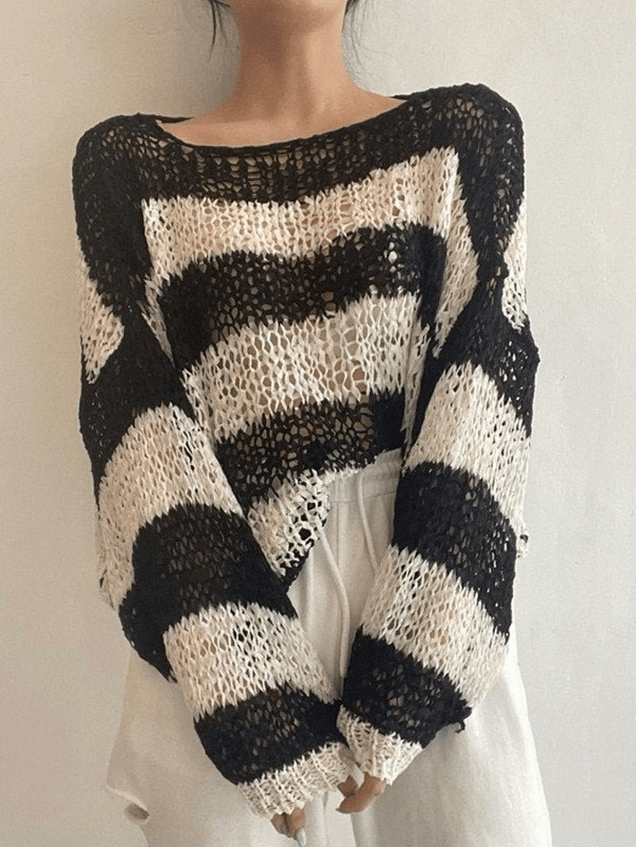 Long Sleeve Striped Crochet Knit Top