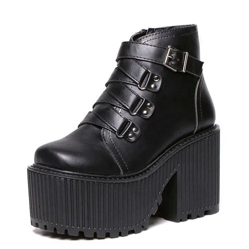 Gdgydh Leather Round Toe High Heel Boots Women Shoes Buckle Rubber Sole Black Platform Shoes Autumn Ankle Boots Punk Shoes Cool