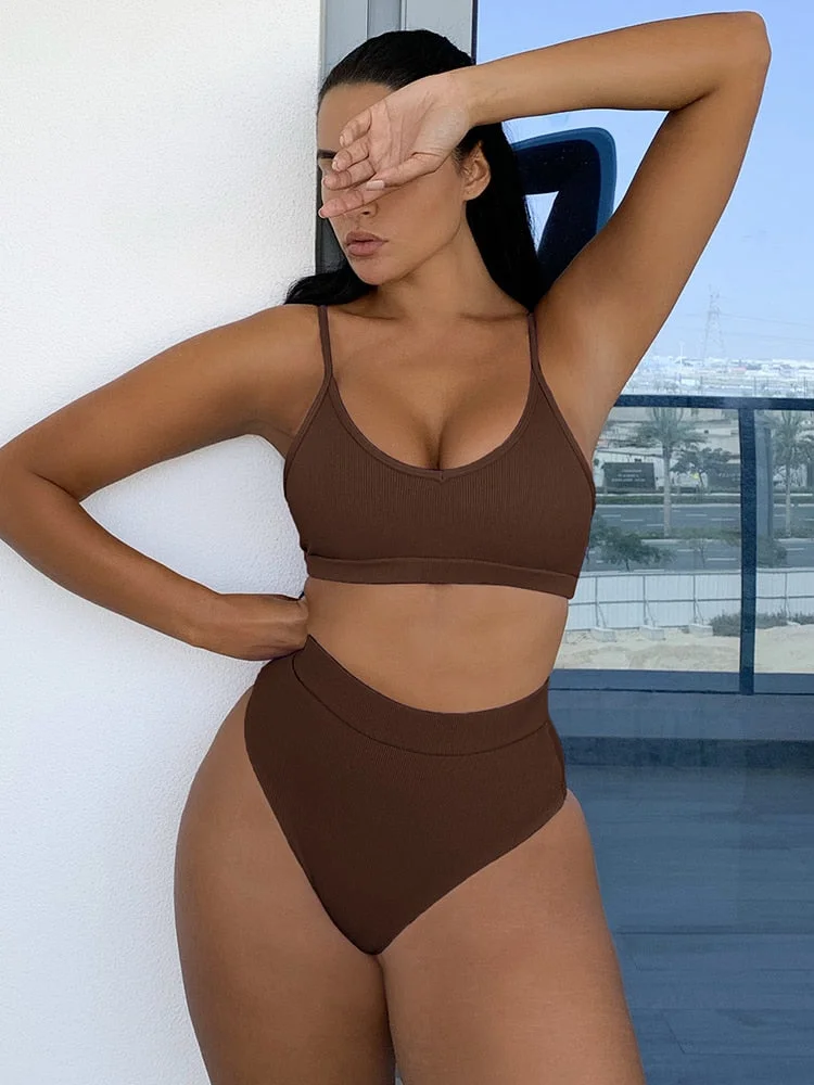 INGAGA Sexy High Waist Bikini Ribbed Swimwear Women Solid Swimsuit 2022 New Straps Bathing Suits Women Biquinis Summer Beachwear