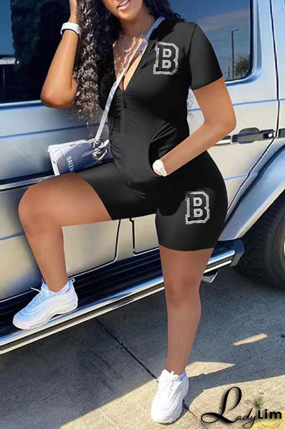 Peacock Blue Fashion Casual Letter Print Basic Zipper Collar Short Sleeve Two Pieces