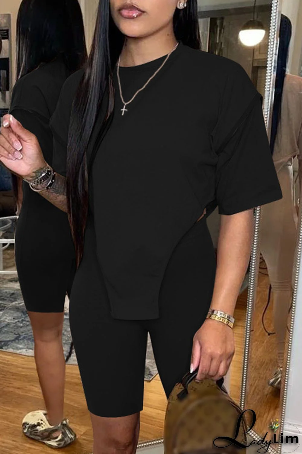 White Fashion Casual Solid Asymmetrical O Neck Short Sleeve Two Pieces