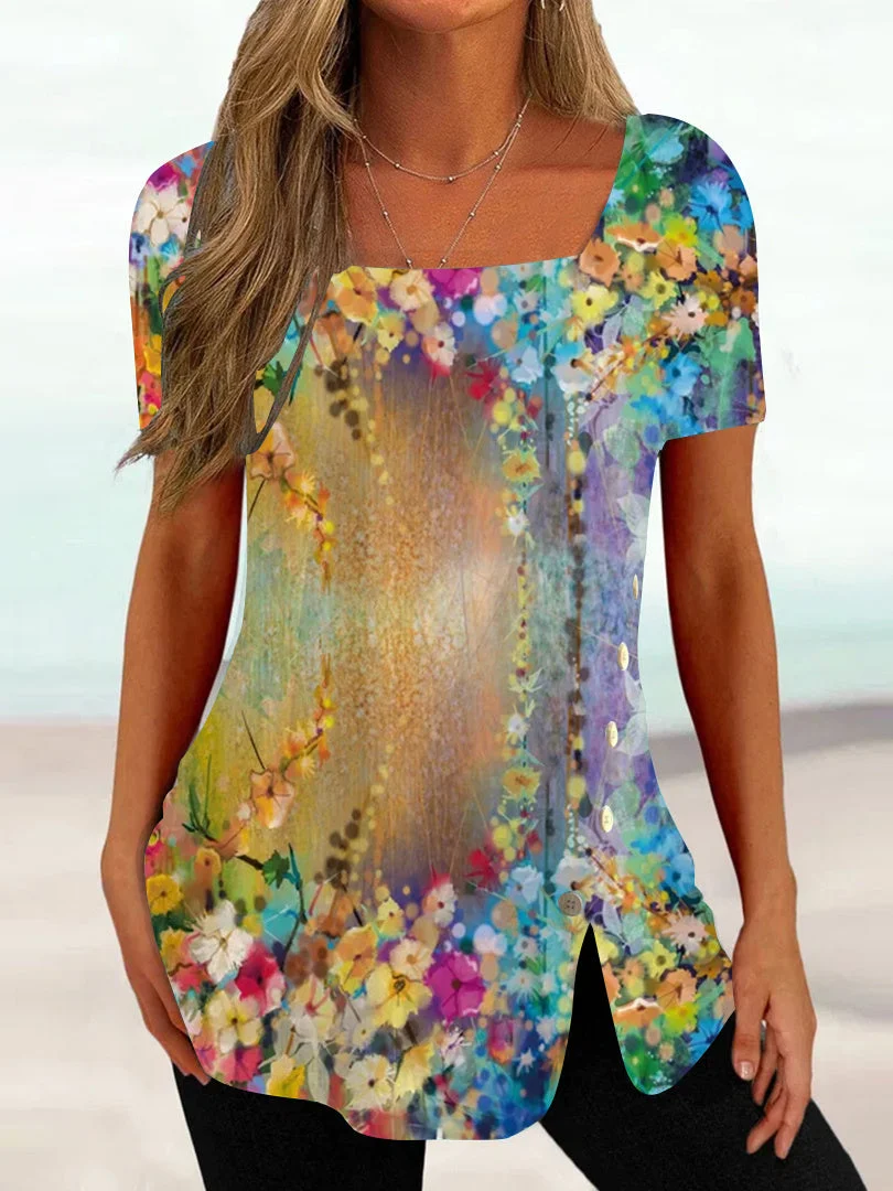 Women Short Sleeve U-neck Floral Printed Buttons Tops