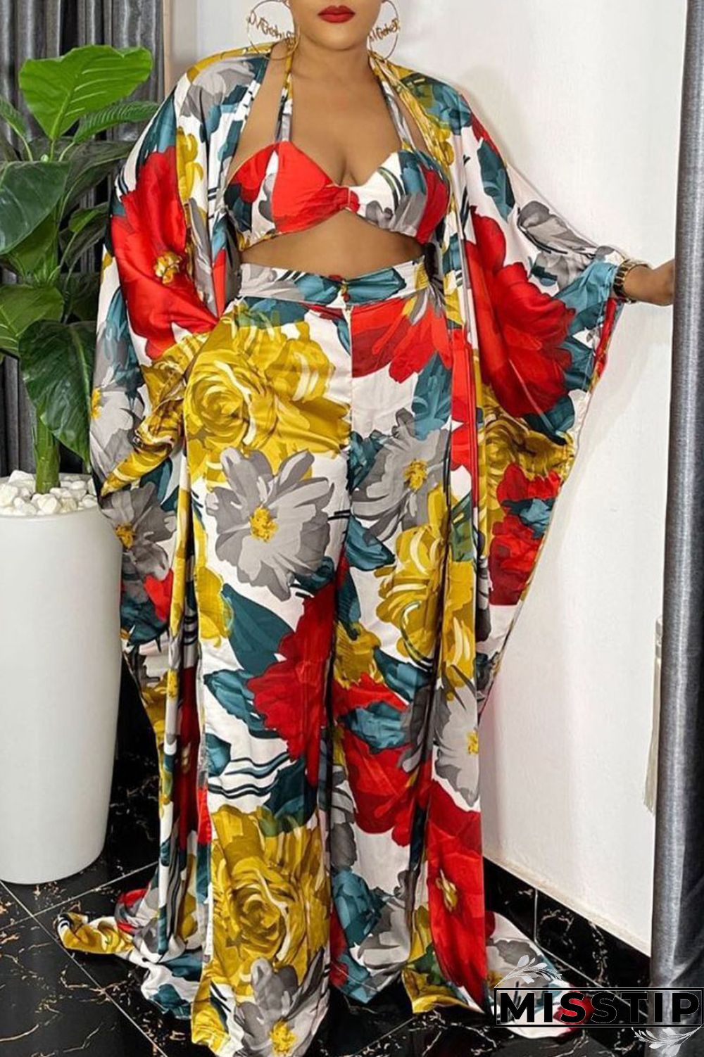 Burgundy Casual Print Patchwork Halter Long Sleeve Four Pieces(Contain The Scarf)