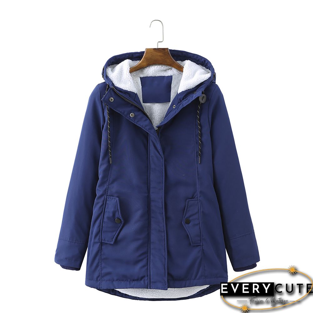 Navy Blue Plush Warm Hooded Parka Coat