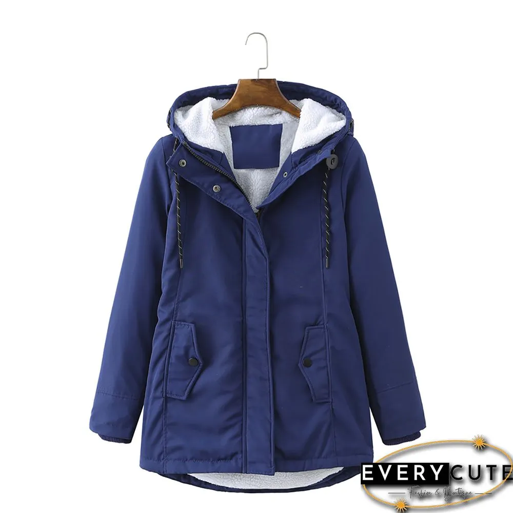 Navy Blue Plush Warm Hooded Parka Coat