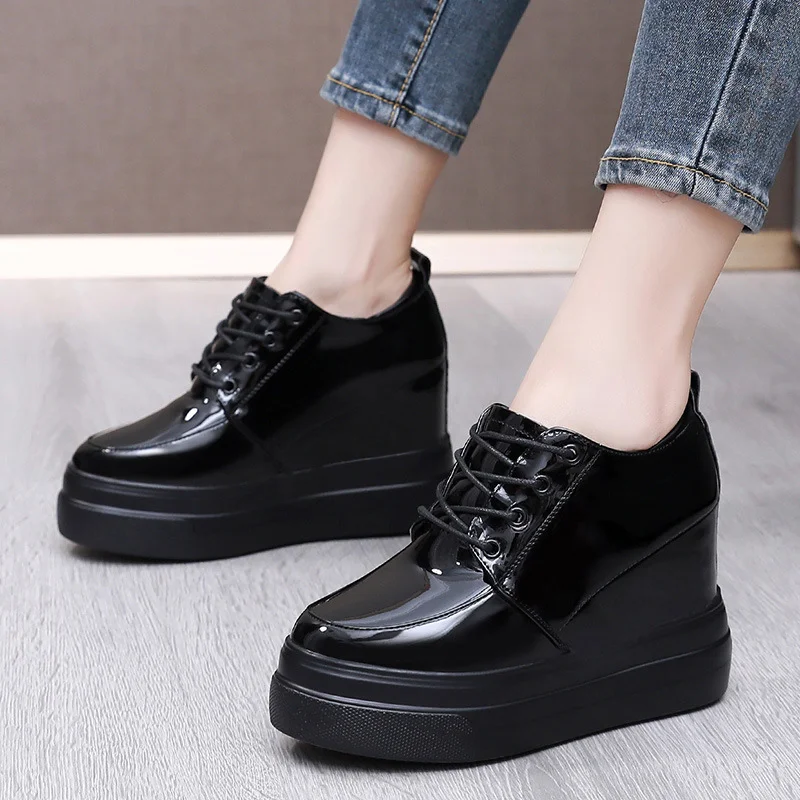 Breakj Breakj Height Patent Leather Small Leather Shoes Heel Waterproof Table Single Shoes Spring Autumn Pine Women's Shoes With Deep Mouth Plus Velvet Naked Boots