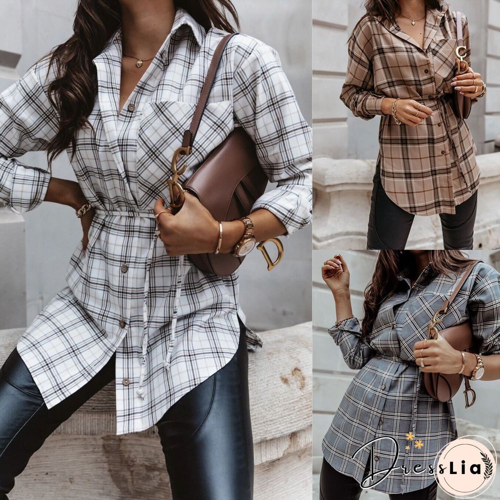 Checked Loose Long Sleeve Belted Shirt
