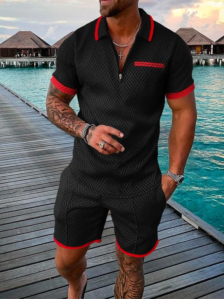 Men's Fashion Printed  Zip Polo Shirt and Shorts Two-Piece Suits