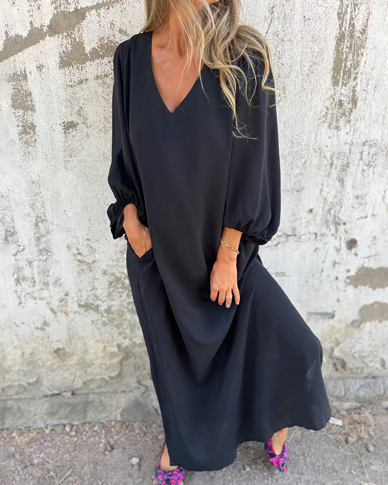 Balloon Sleeve V Neck Solid Color Side Pockets Loose Maxi Dress