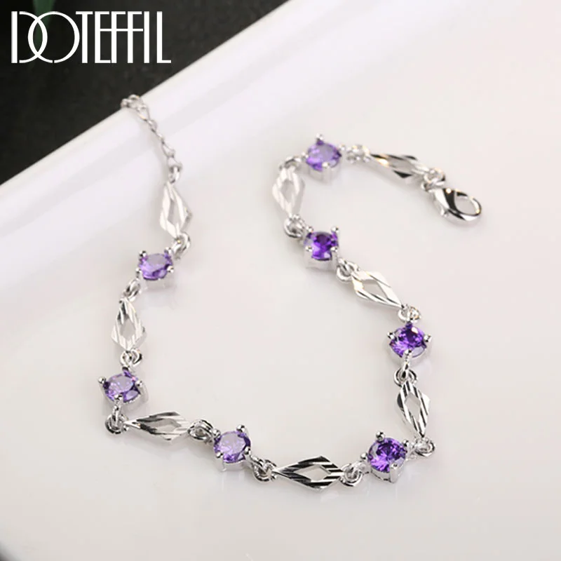 DOTEFFIL 925 Sterling Silver Rhombus Flower Purple White AAA Zircon Bracelet For Women Jewelry