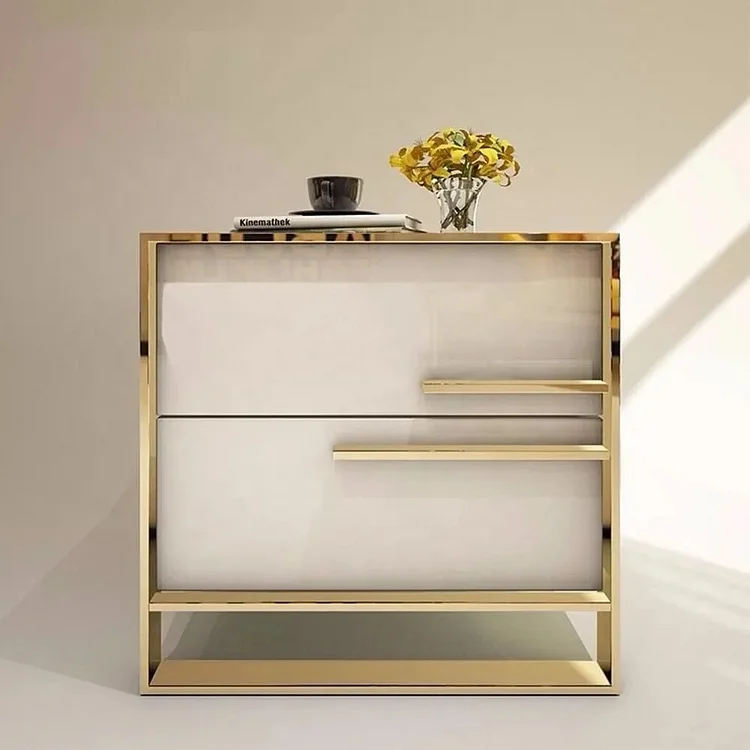 Homemys Catalino Luxury White Nightstand with 2 Drawers, MDF, Piano Finish, Metal Legs