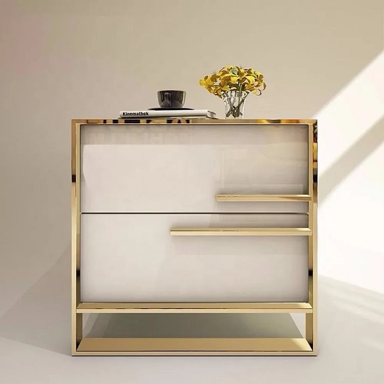 Homemys Catalino Luxury White Nightstand with 2 Drawers, MDF, Piano Finish, Metal Legs
